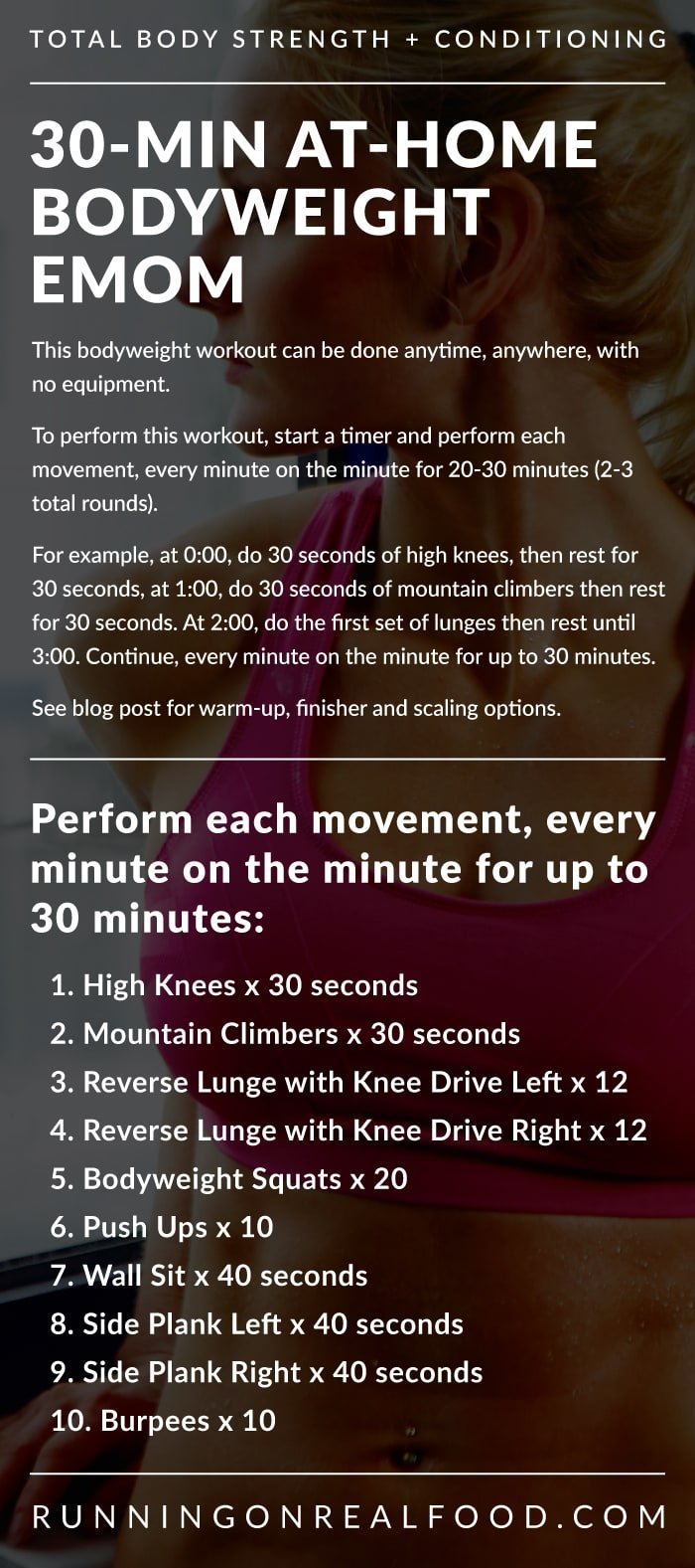 Text instructions for a 30-minute at-home bodyweight EMOM workout.