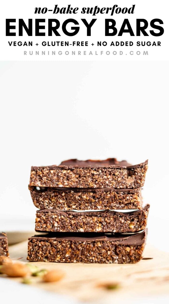 Pinterest graphic with an image and text for no-bake superfood energy bars.