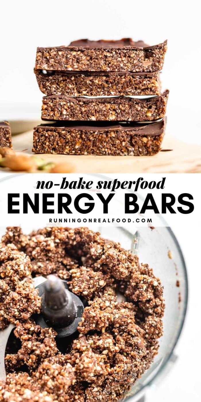Pinterest graphic with an image and text for no-bake superfood energy bars.