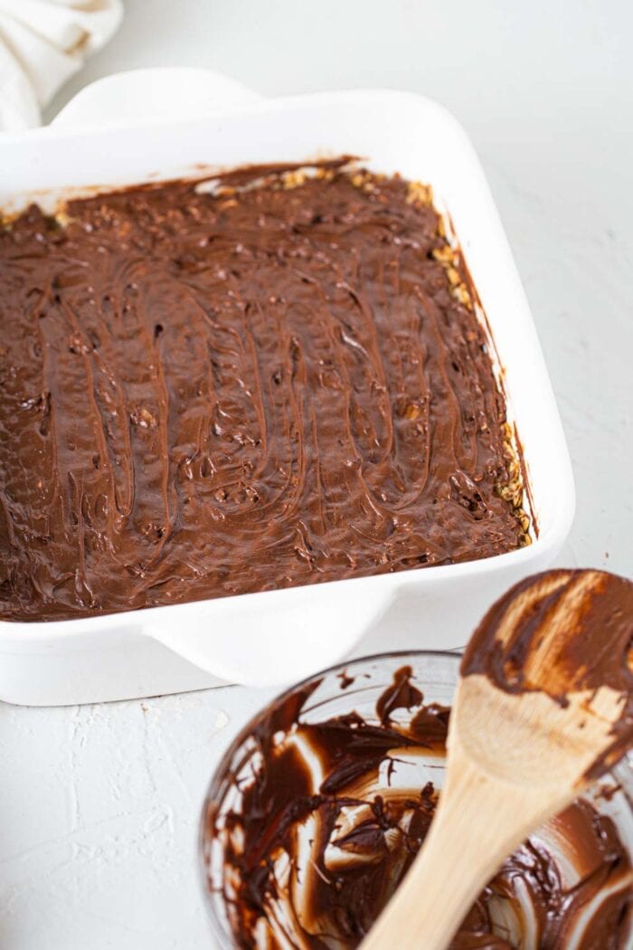 Chocolate coated bars in a baking dish.