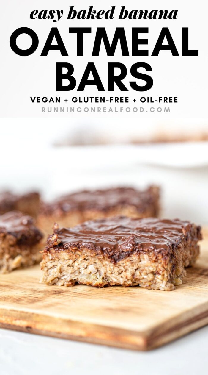 Pinterest graphic with an image and text for baked banana oatmeal bars.