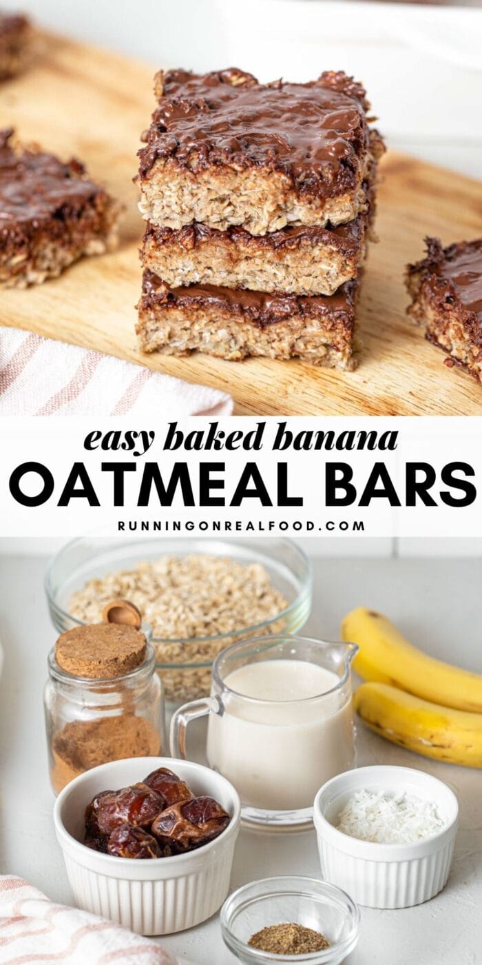Pinterest graphic with an image and text for baked banana oatmeal bars.