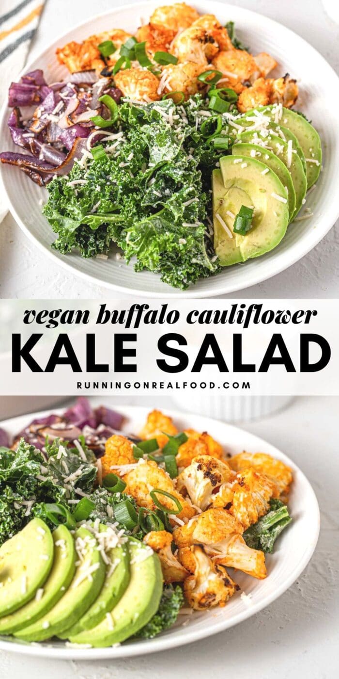 Pinterest graphic with an image and text for a buffalo cauliflower kale salad.
