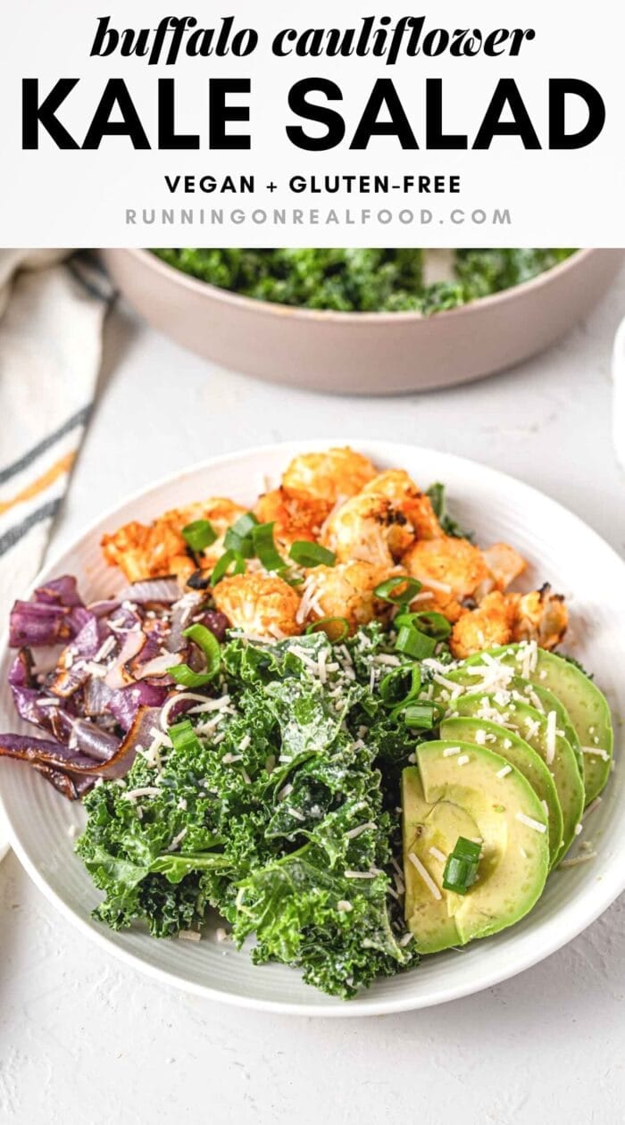 Pinterest graphic with an image and text for a buffalo cauliflower kale salad.