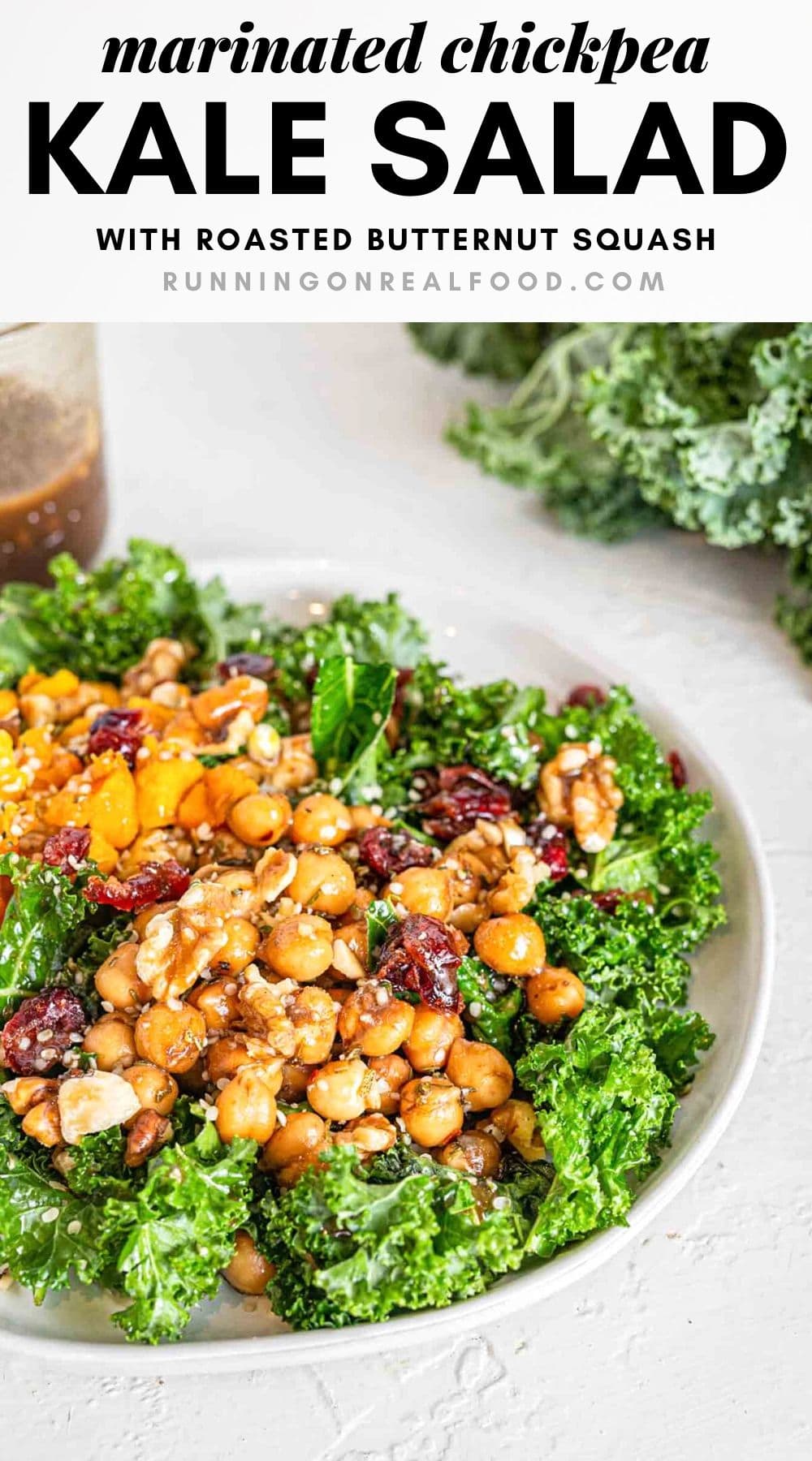 Pinterest graphic with an image and text for a marinated chickpea kale salad.