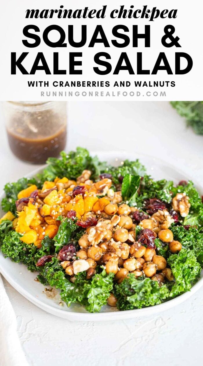 Pinterest graphic with an image and text for a marinated chickpea kale salad.