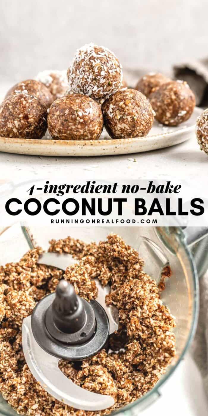 Pinterest graphic with an image and text for cinnamon coconut balls.