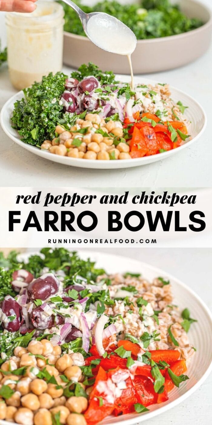 Pinterest graphic with an image and text for farro salad bowls.