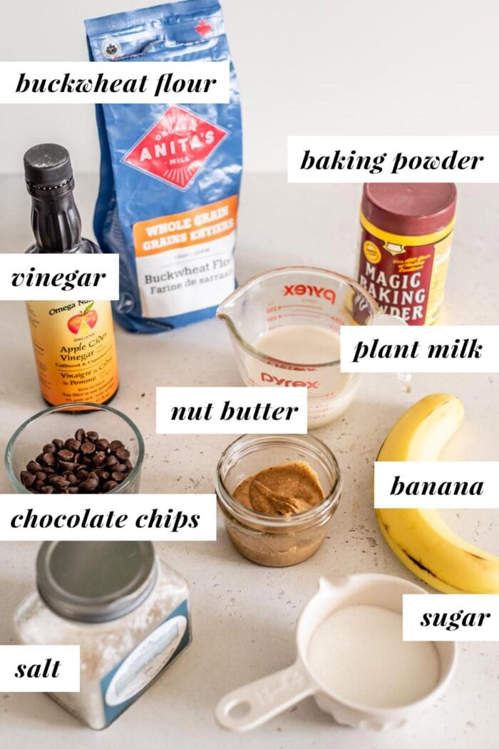 Labelled ingredients for vegan buckwheat muffins.