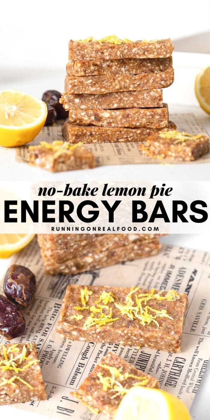 Pinterest graphic with an image and text lemon pie energy bars.