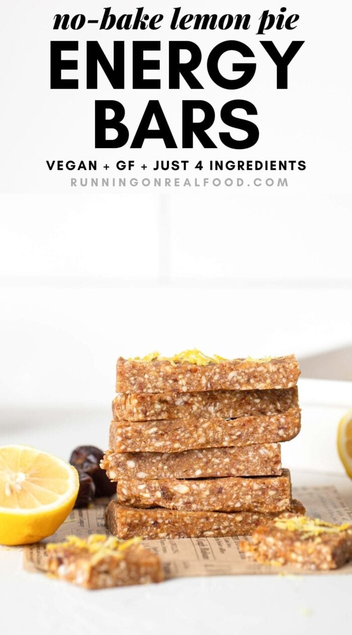 Pinterest graphic with an image and text lemon pie energy bars.