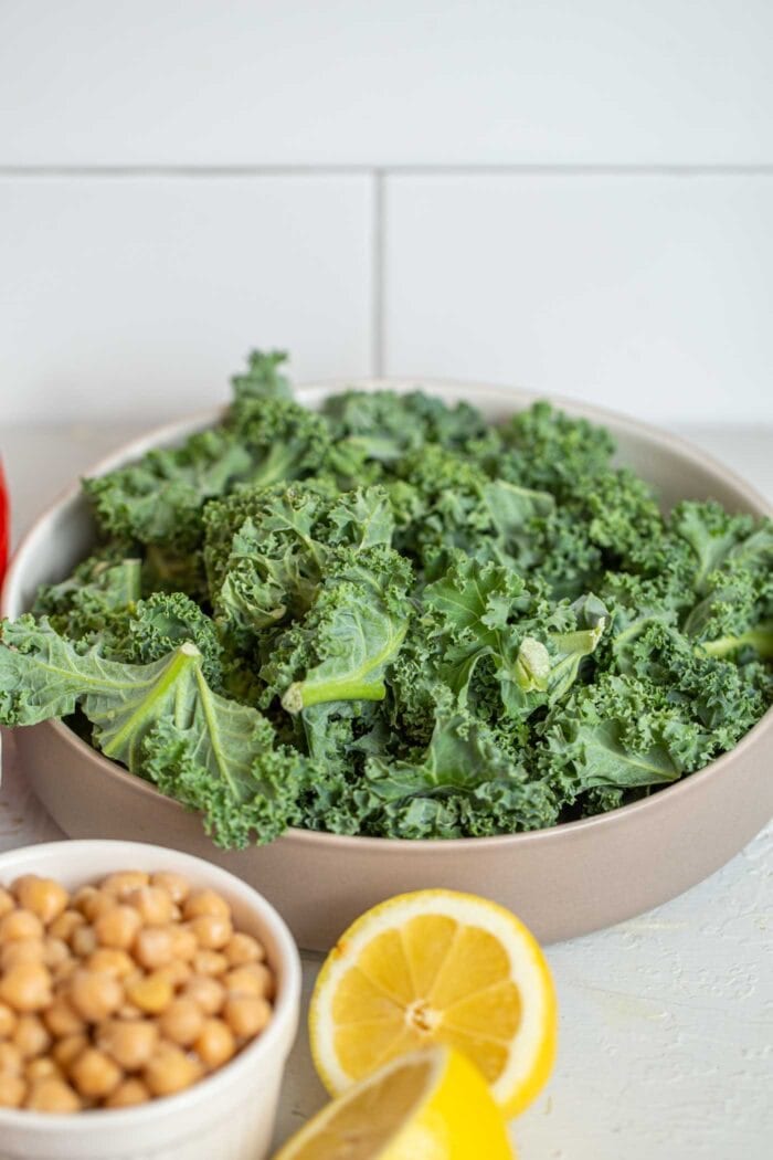 Finely chopped raw kale in a bowl.