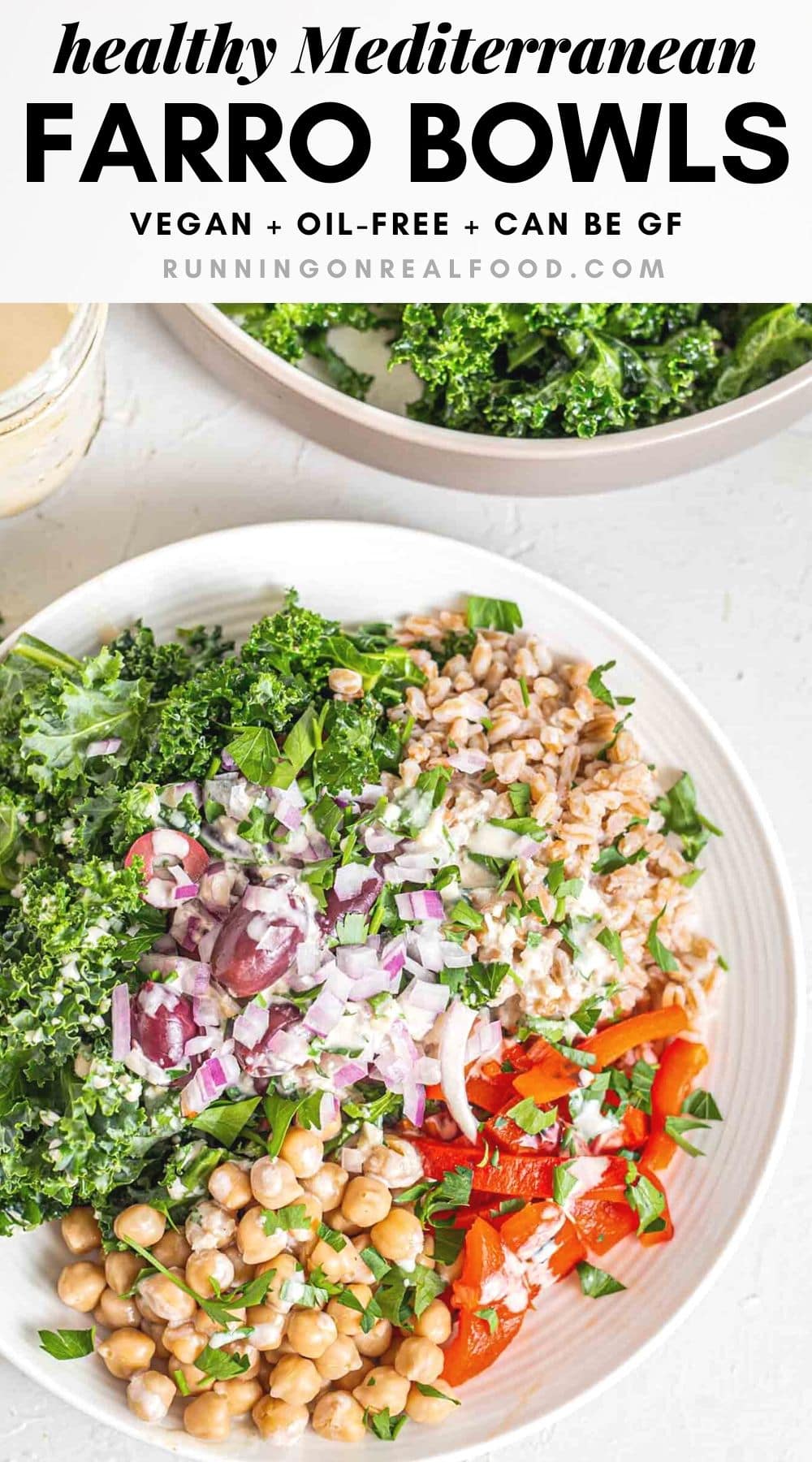 Pinterest graphic with an image and text for farro salad bowls.