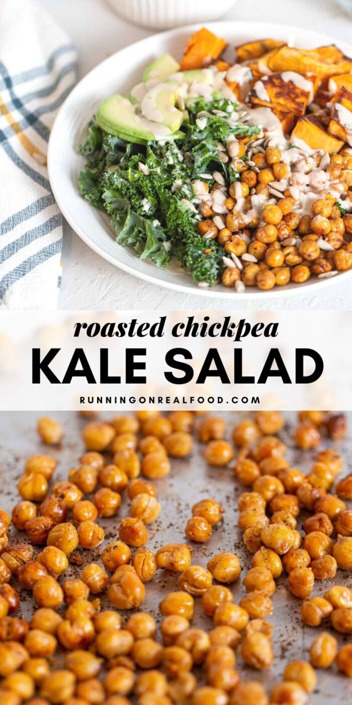 Pinterest graphic with an image and text for a roasted chickpea kale salad.