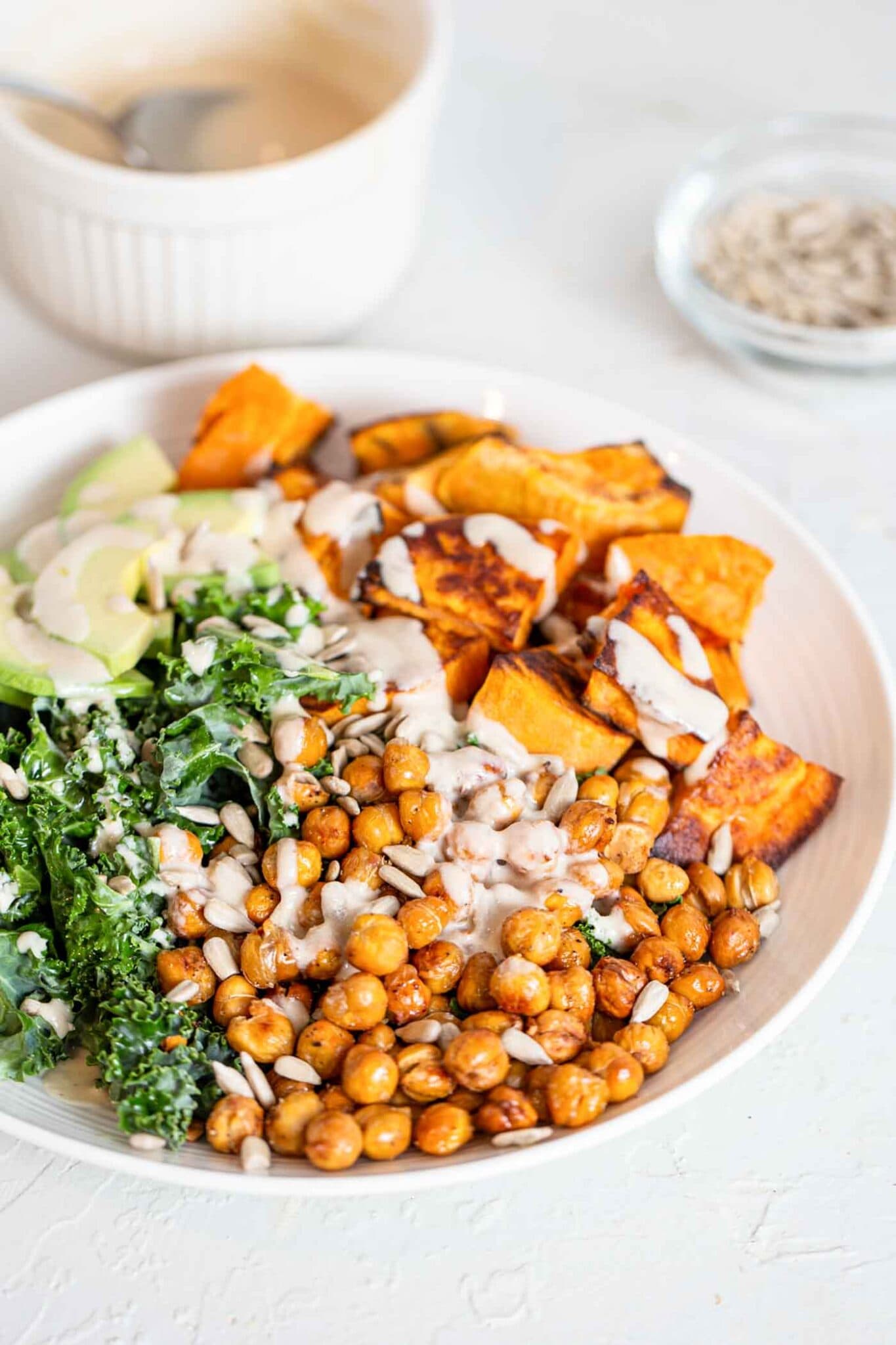 Roasted Chickpea Kale Salad with Tahini Sauce - Running on Real Food