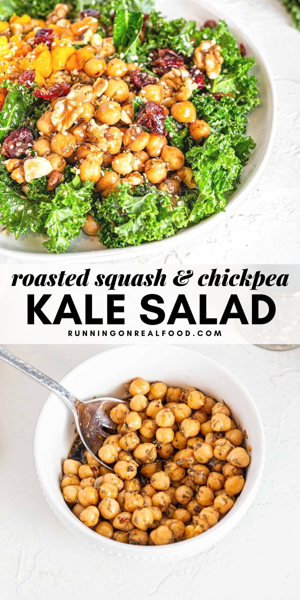 Pinterest graphic with an image and text for a marinated chickpea kale salad.