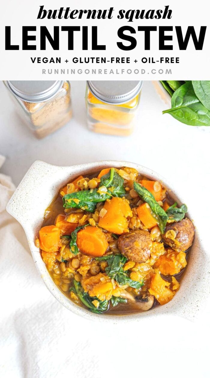 Pinterest graphic with an image and text for butternut squash lentil spinach stew.