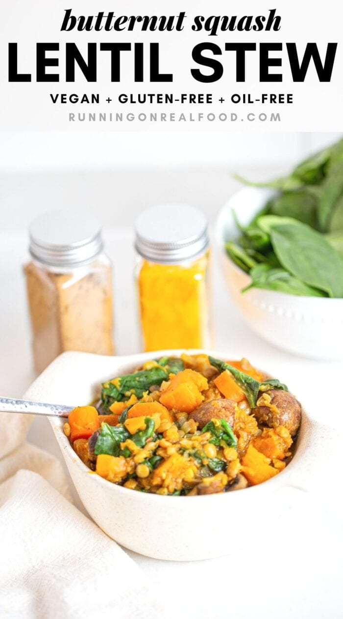 Pinterest graphic with an image and text for butternut squash lentil spinach stew.