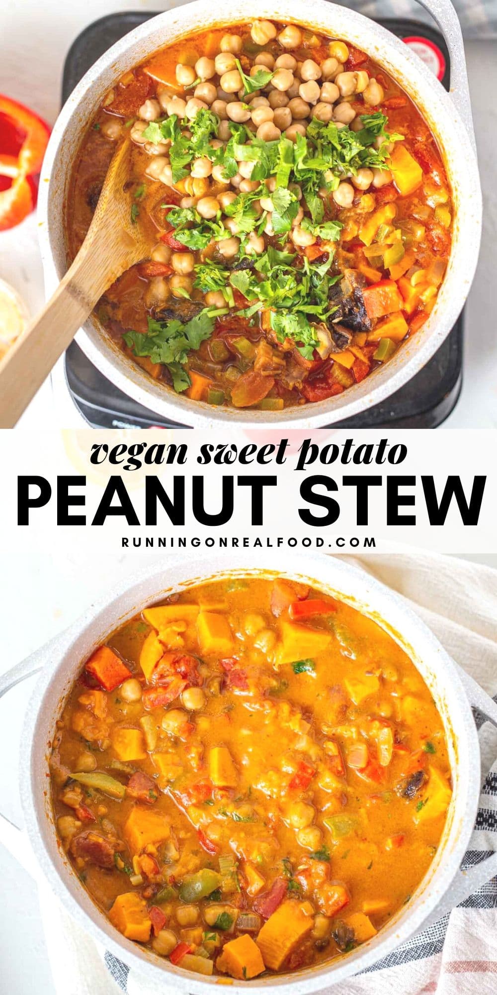 Pinterest graphic with an image and text sweet potato peanut stew.