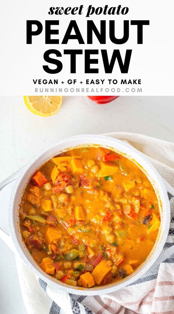 Pinterest graphic with an image and text sweet potato peanut stew.