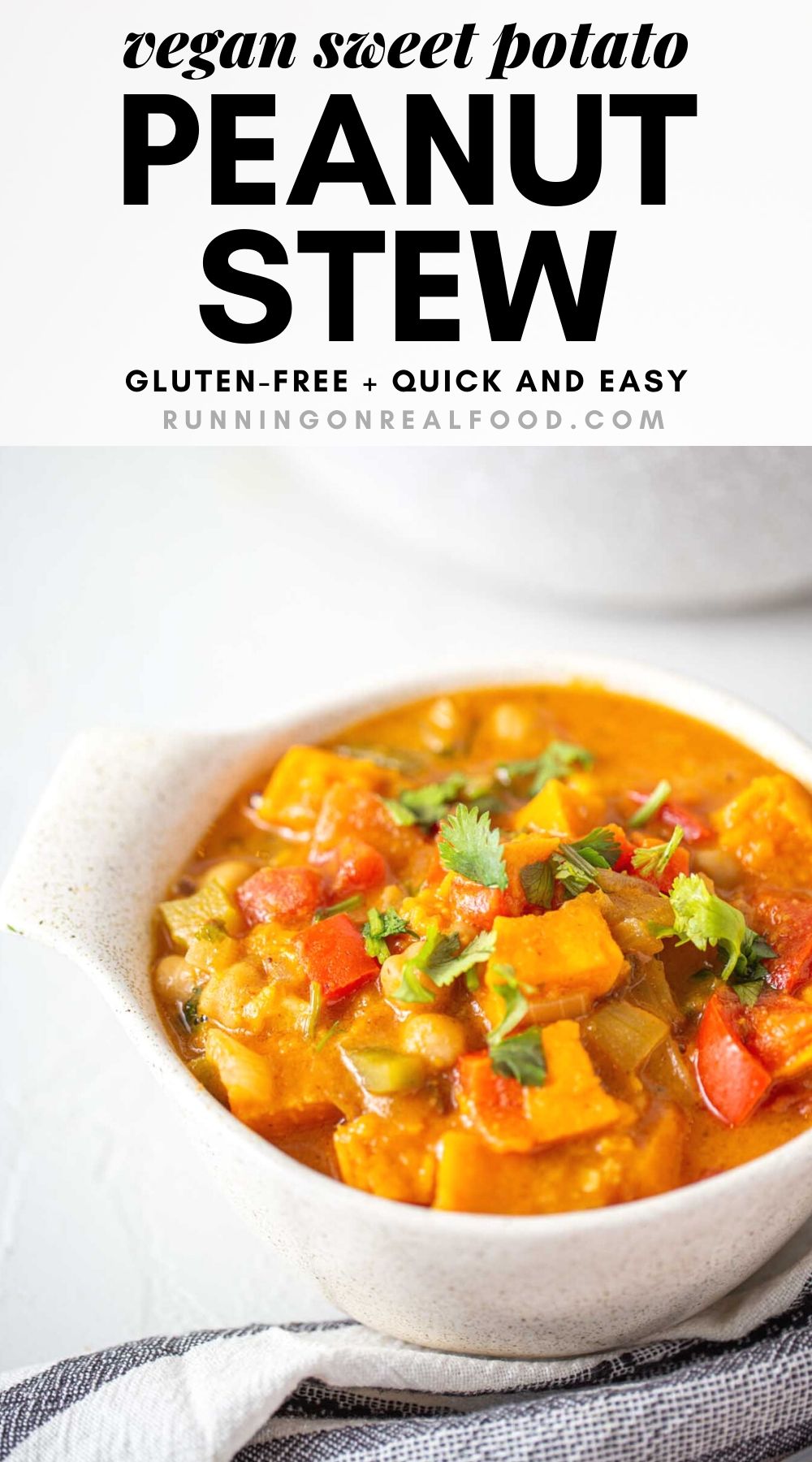 Pinterest graphic with an image and text sweet potato peanut stew.