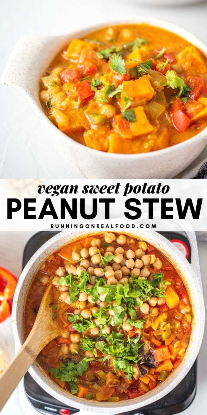 Pinterest graphic with an image and text sweet potato peanut stew.