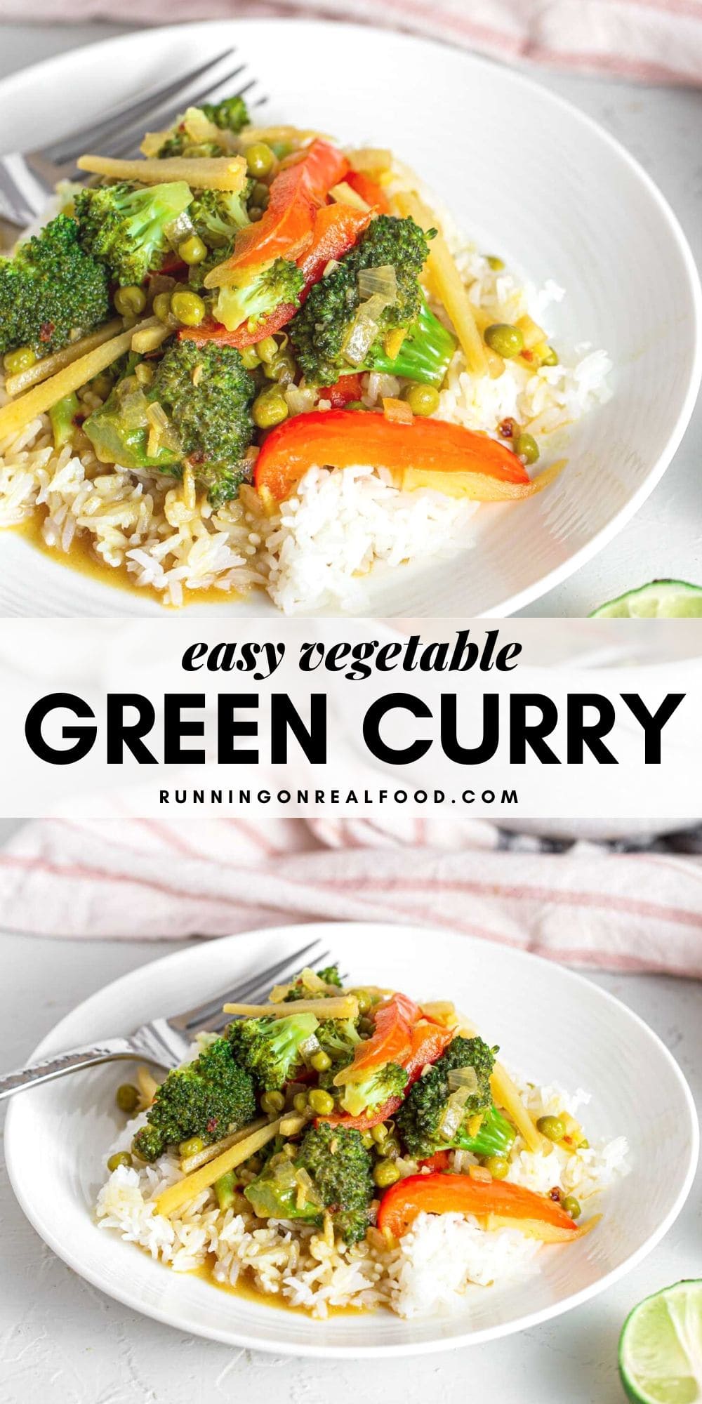 Pinterest graphic with an image and text for a Thai green curry with vegetables.