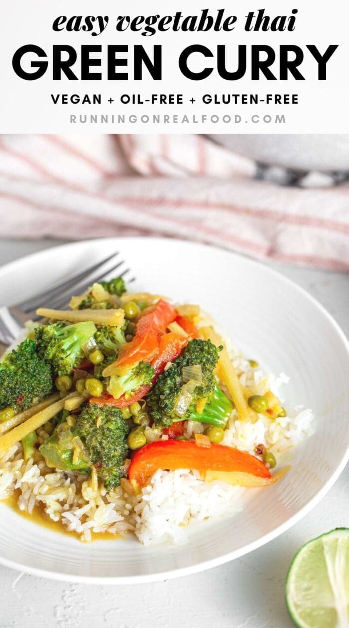 Pinterest graphic with an image and text for a Thai green curry with vegetables.