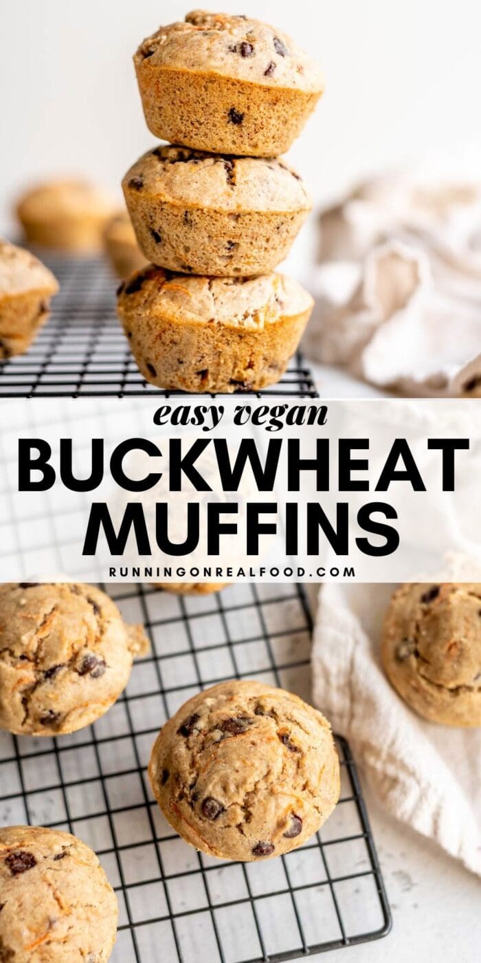 Pinterest graphic with an image and text for vegan buckwheat muffins.