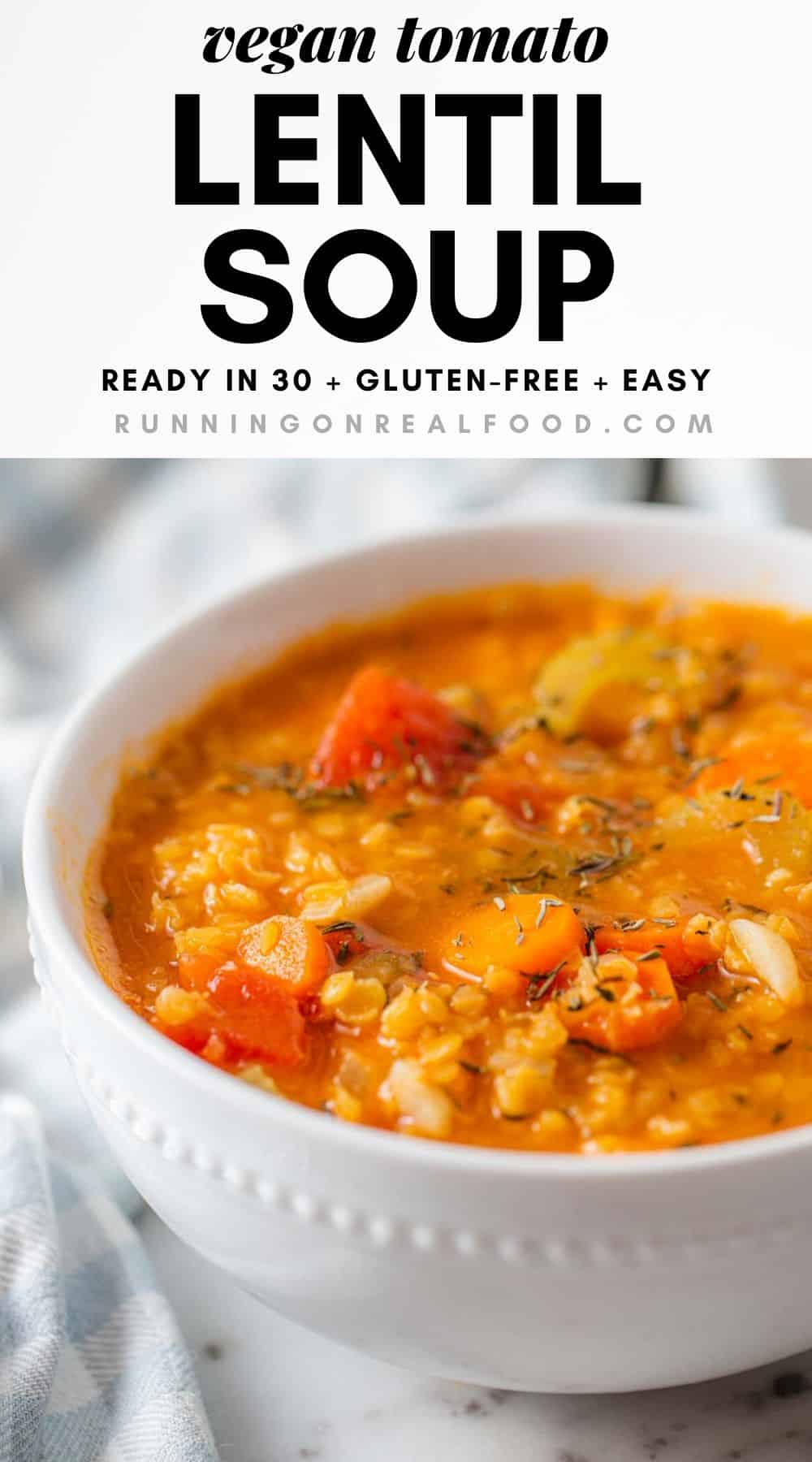 Pinterest graphic with an image and text for a red lentil tomato soup.