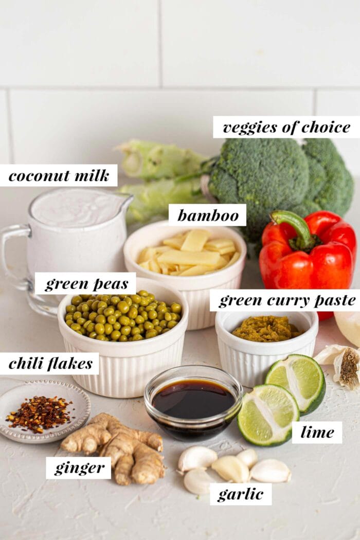 Labelled ingredients for a green curry recipe.