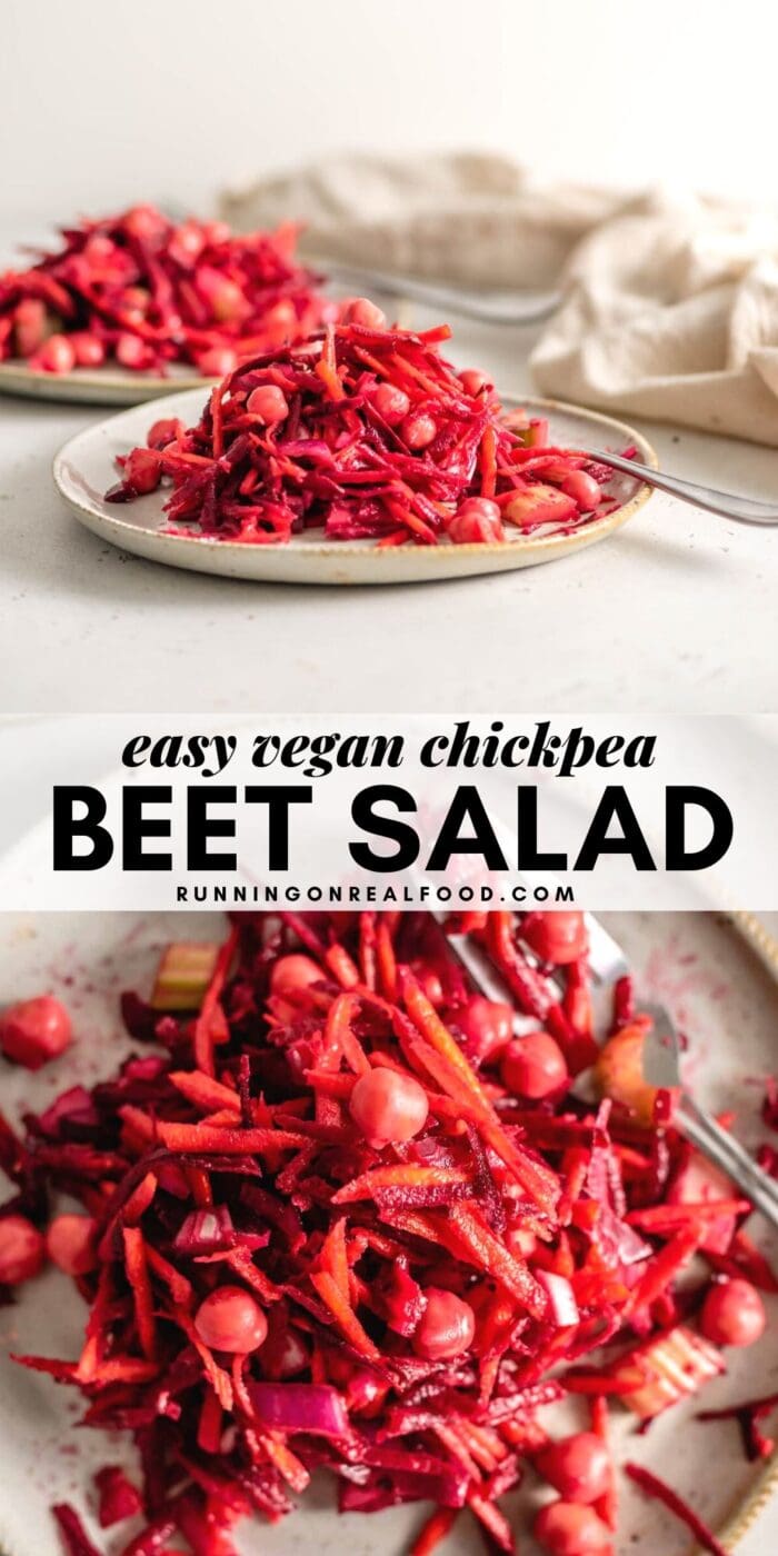 Pinterest graphic with an image and text for a raw beet chickpea salad.