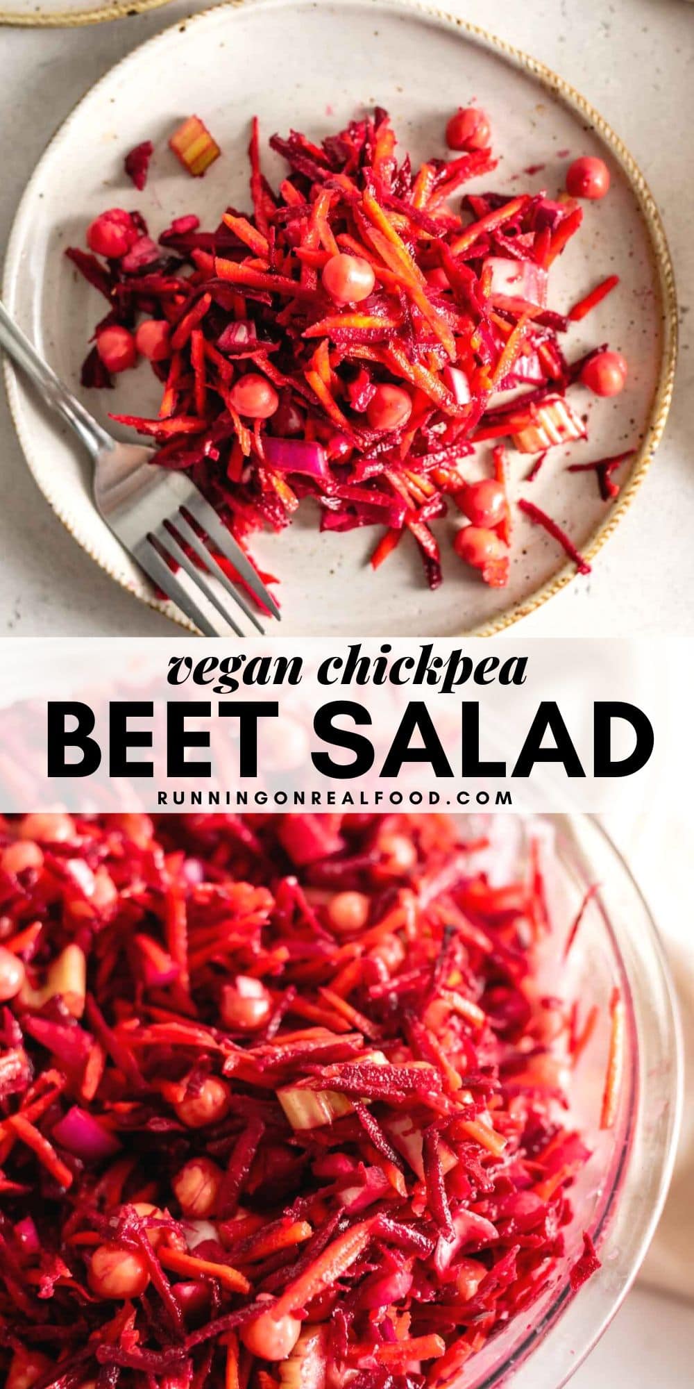 Pinterest graphic with an image and text for a raw beet chickpea salad.