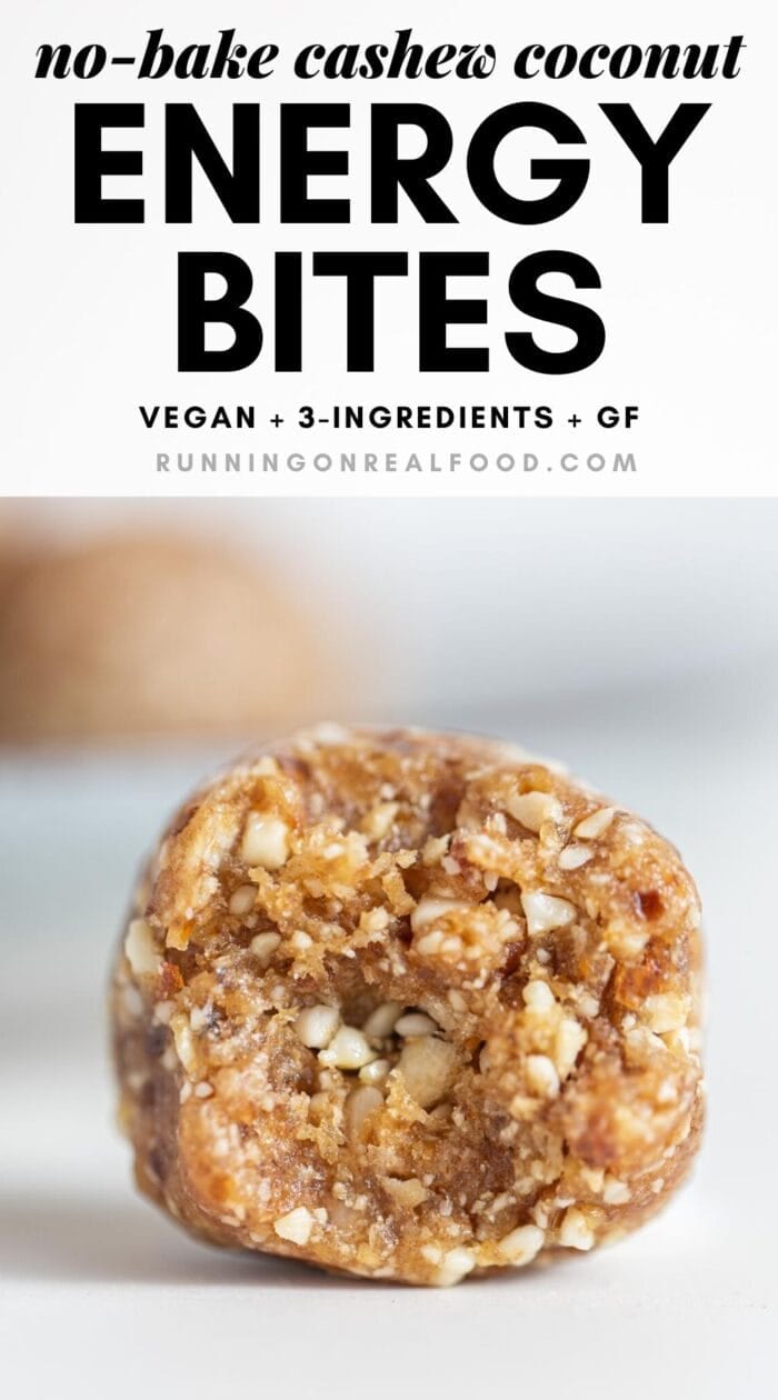 Pinterest graphic with an image and text for cashew coconut balls.