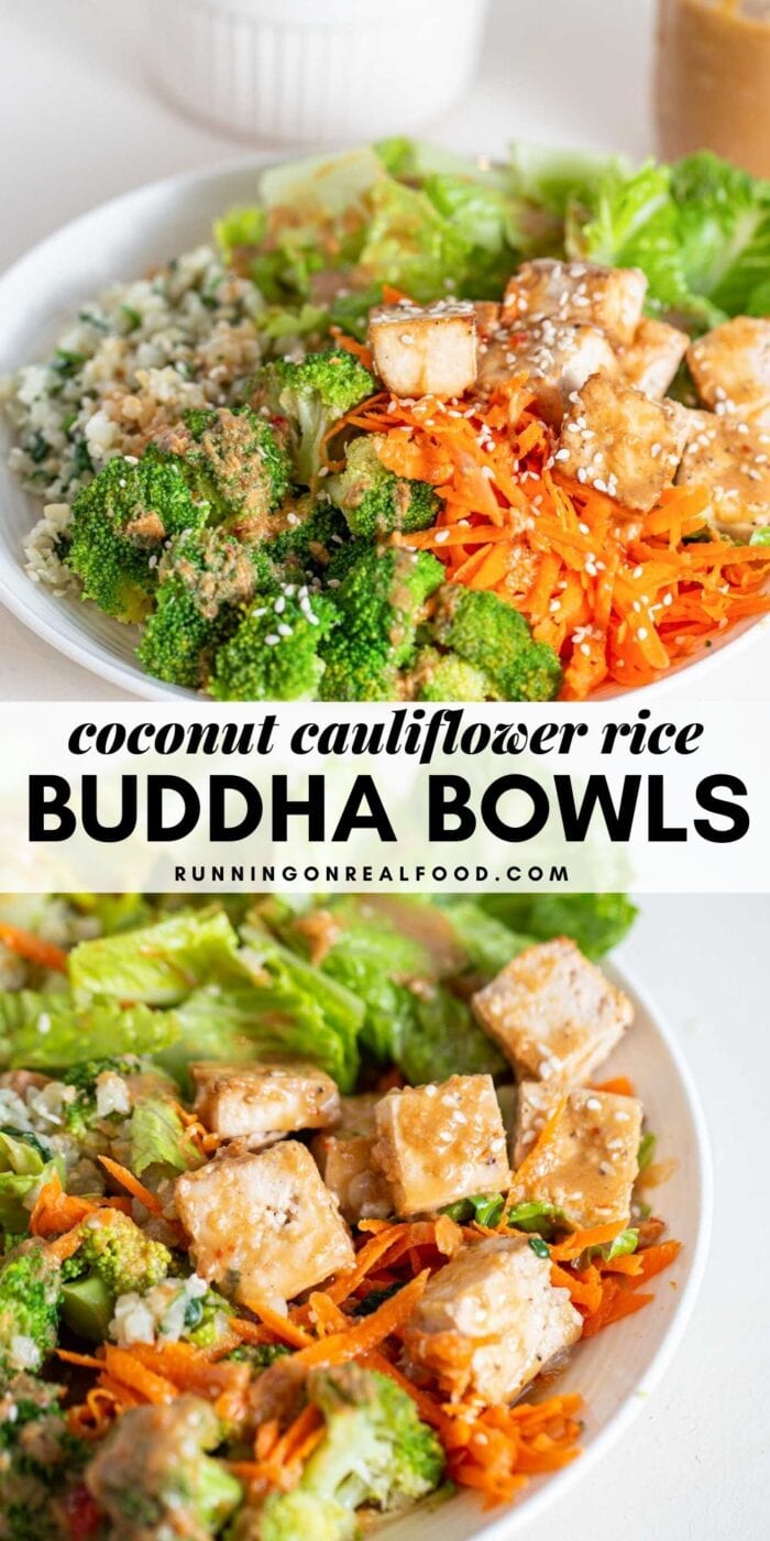 Pinterest graphic with an image and text for coconut cauliflower rice buddha bowls.