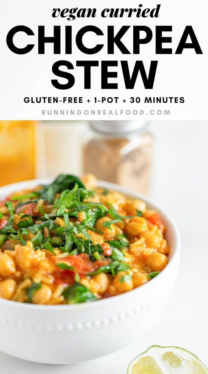 Pinterest graphic with an image and text for curried chickpea stew.