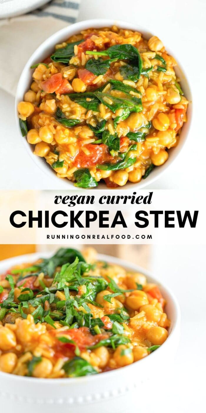 Pinterest graphic with an image and text for curried chickpea stew.