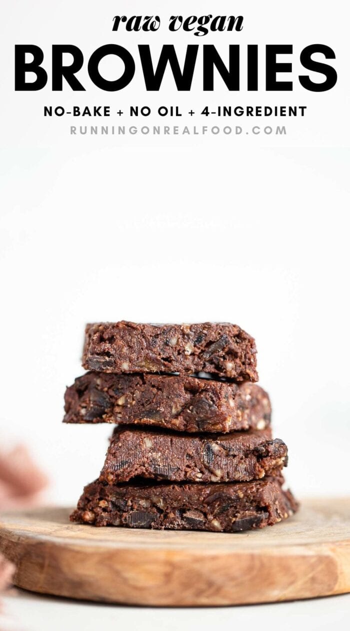 Pinterest graphic with an image and text for no-bake vegan brownies.