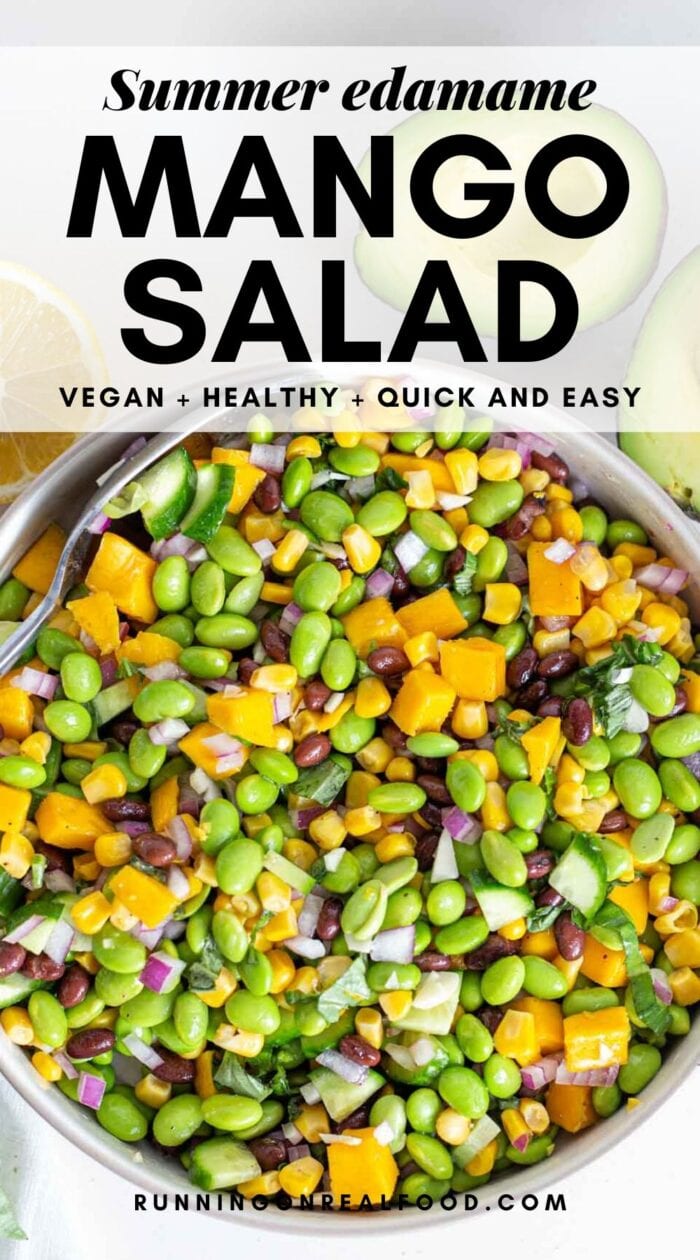 Pinterest graphic with an image and text for mango edamame salad.