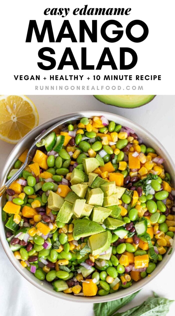 Pinterest graphic with an image and text for mango edamame salad.