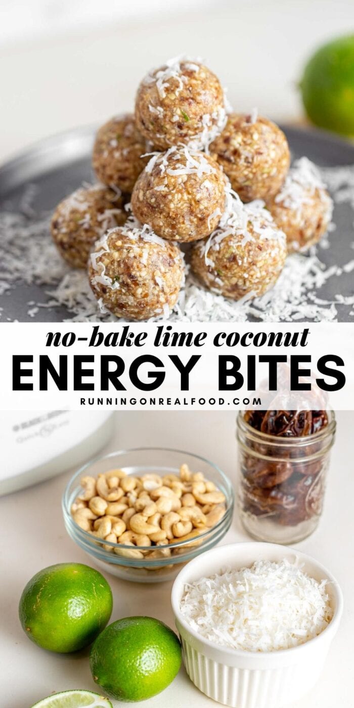 Pinterest graphic with an image and text for lime and coconut balls.