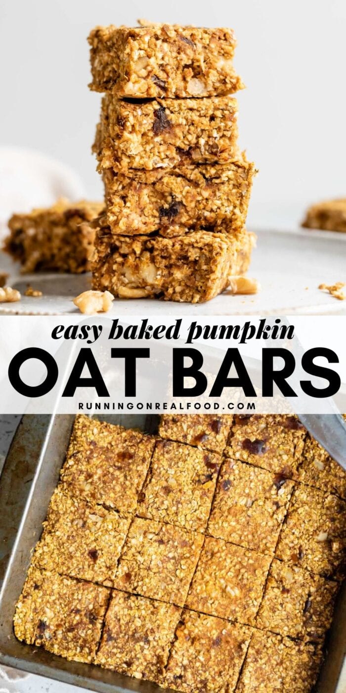 Pinterest graphic with an image and text for baked pumpkin oatmeal bars.