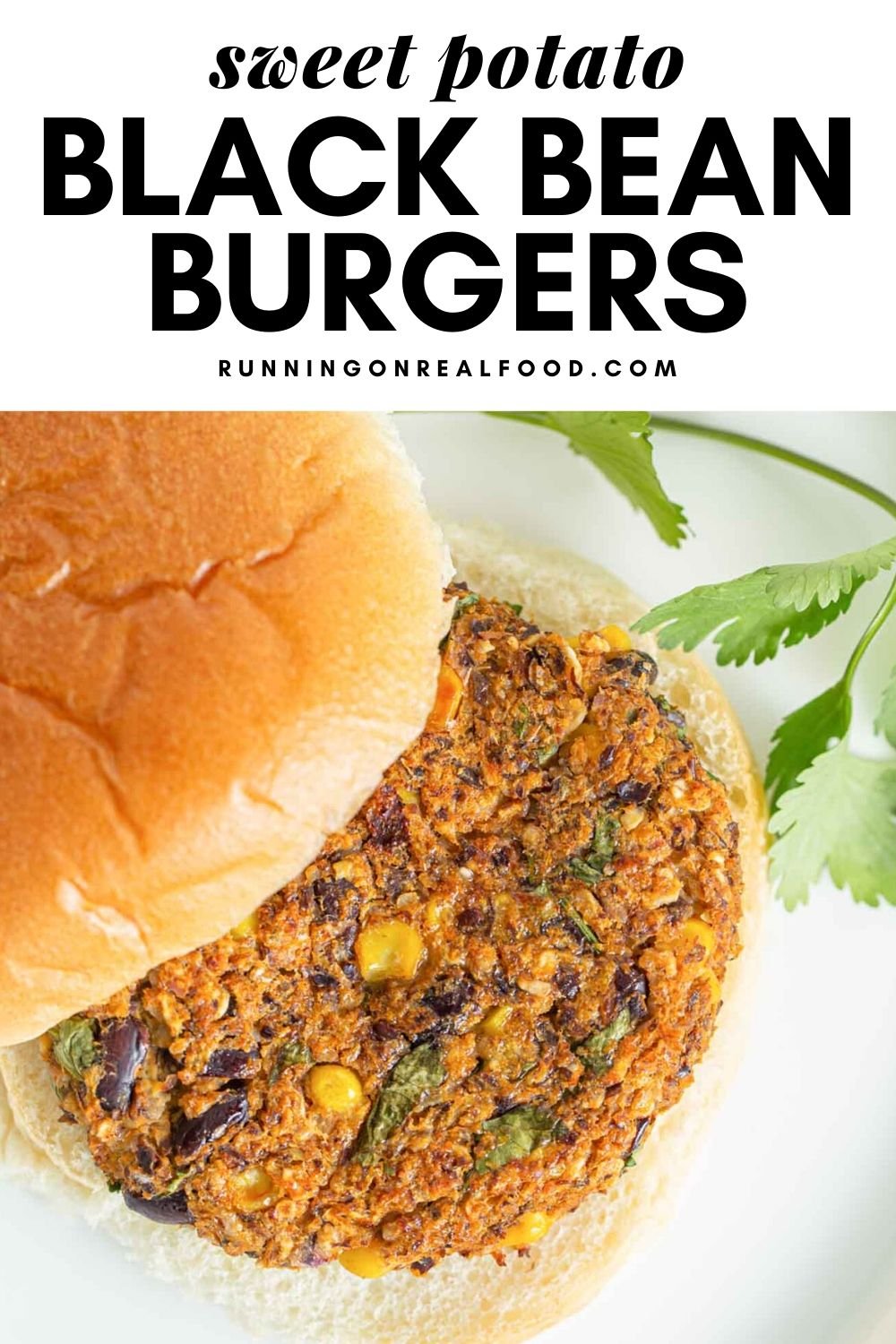 Pinterest graphic with an image and text for sweet potato black bean burgers.