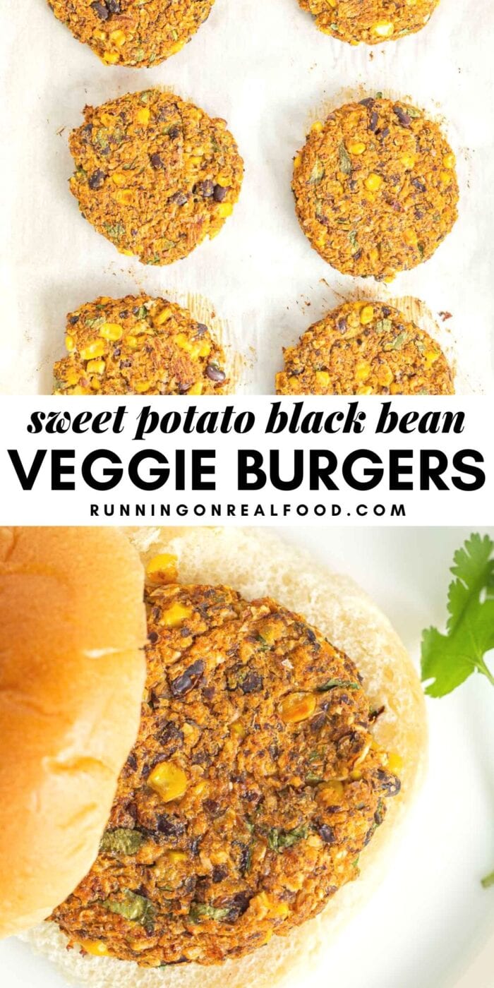 Pinterest graphic with an image and text for sweet potato black bean burgers.