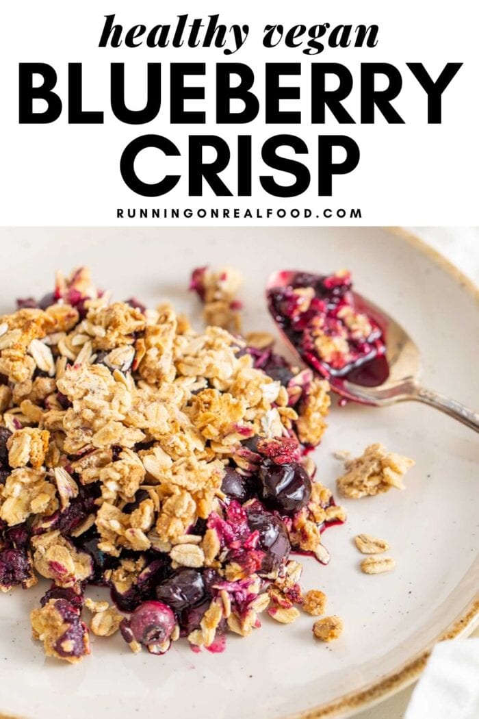 Pinterest graphic with an image and text for vegan blueberry crisp.