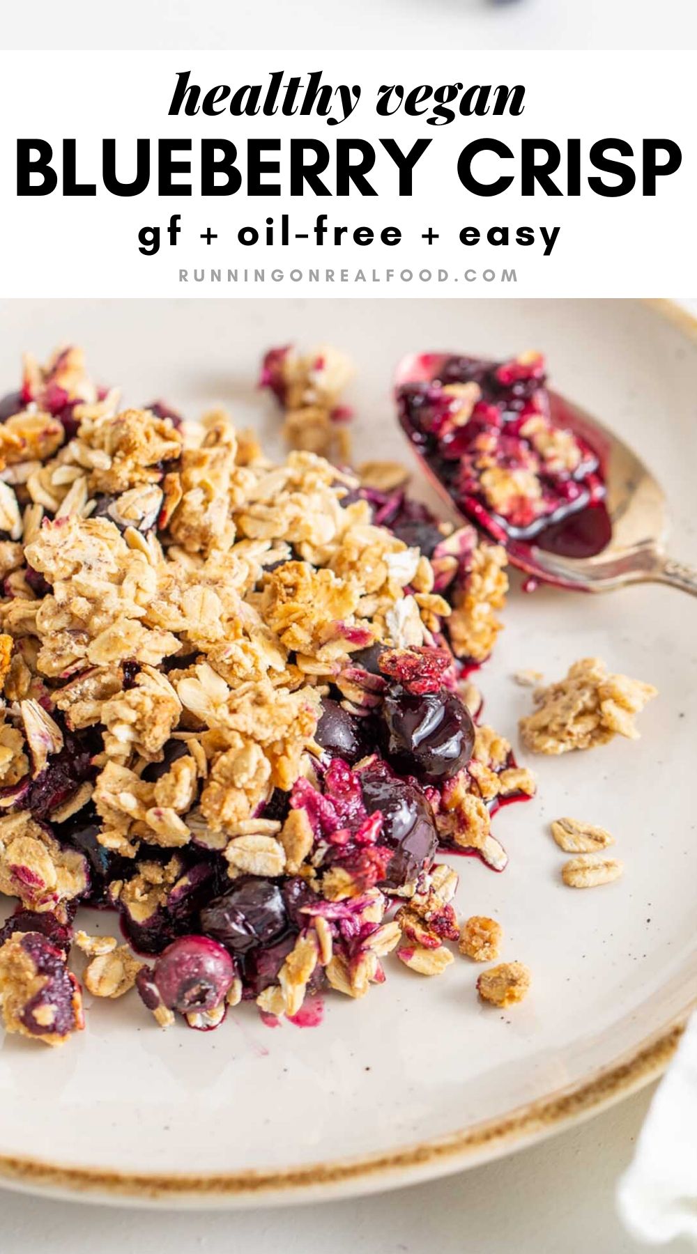 Pinterest graphic with an image and text for vegan blueberry crisp.