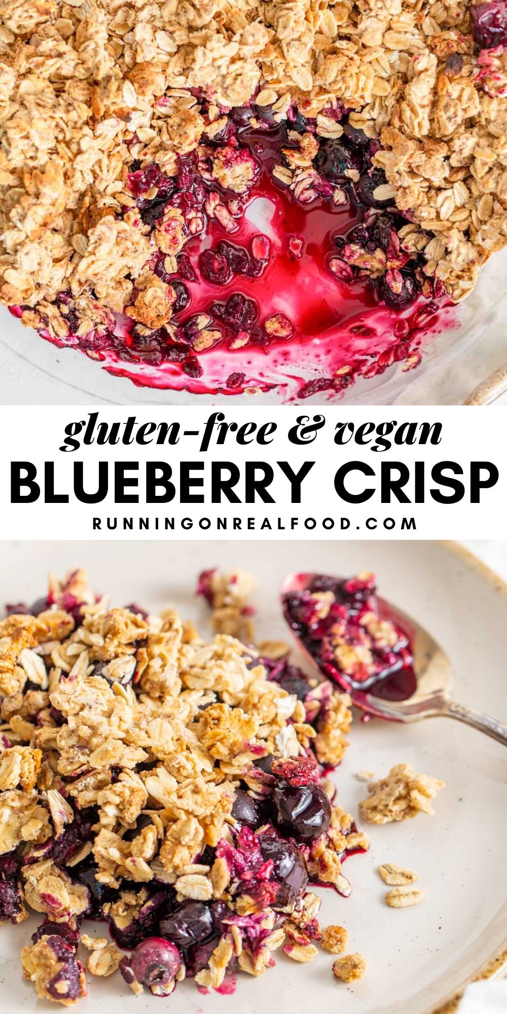 Pinterest graphic with an image and text for vegan blueberry crisp.