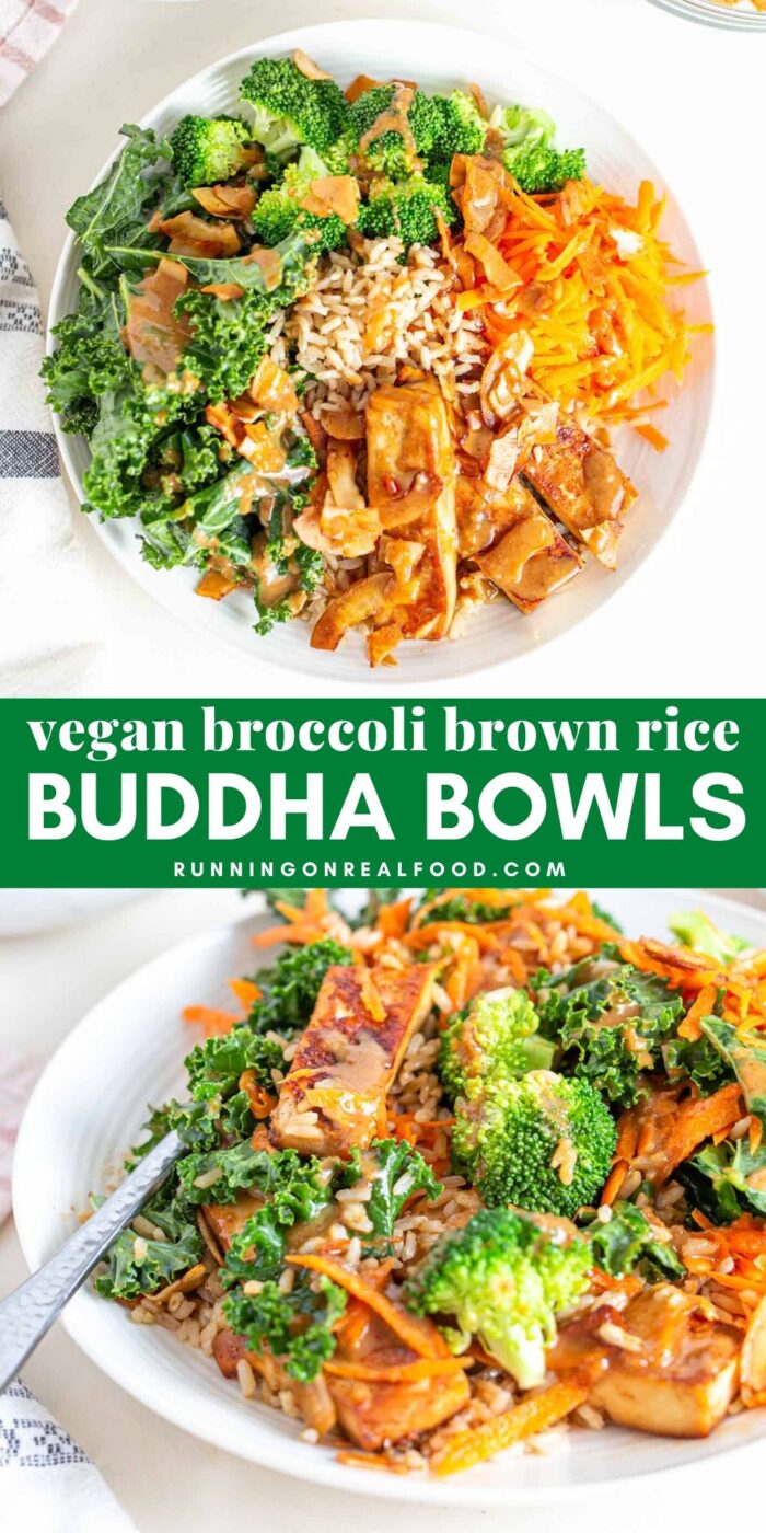 Pinterest graphic with an image and text for broccoli brown rice bowls.