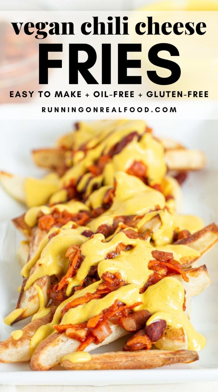 Pinterest graphic with an image and text for chili cheese fries.