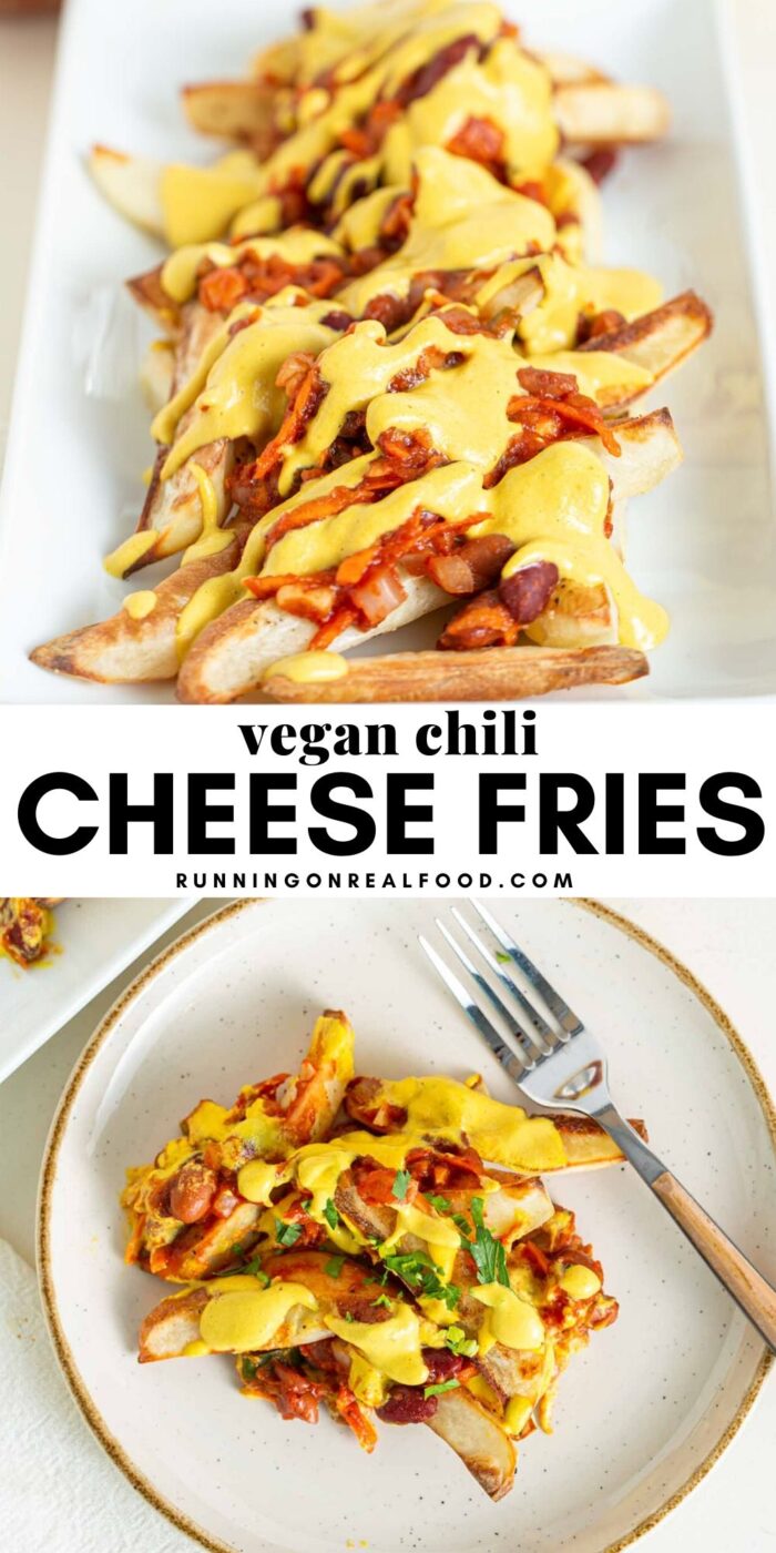 Pinterest graphic with an image and text for chili cheese fries.